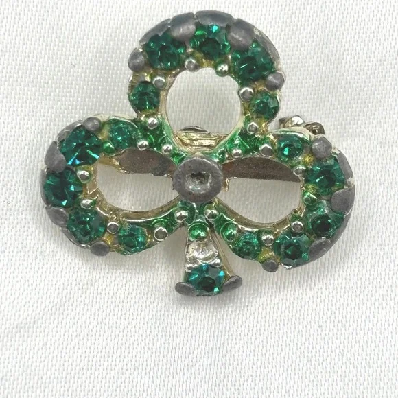 Vintage Green Clover Pin Brooch Rhinestone Lucky Charm READ - Picture 6 of 8